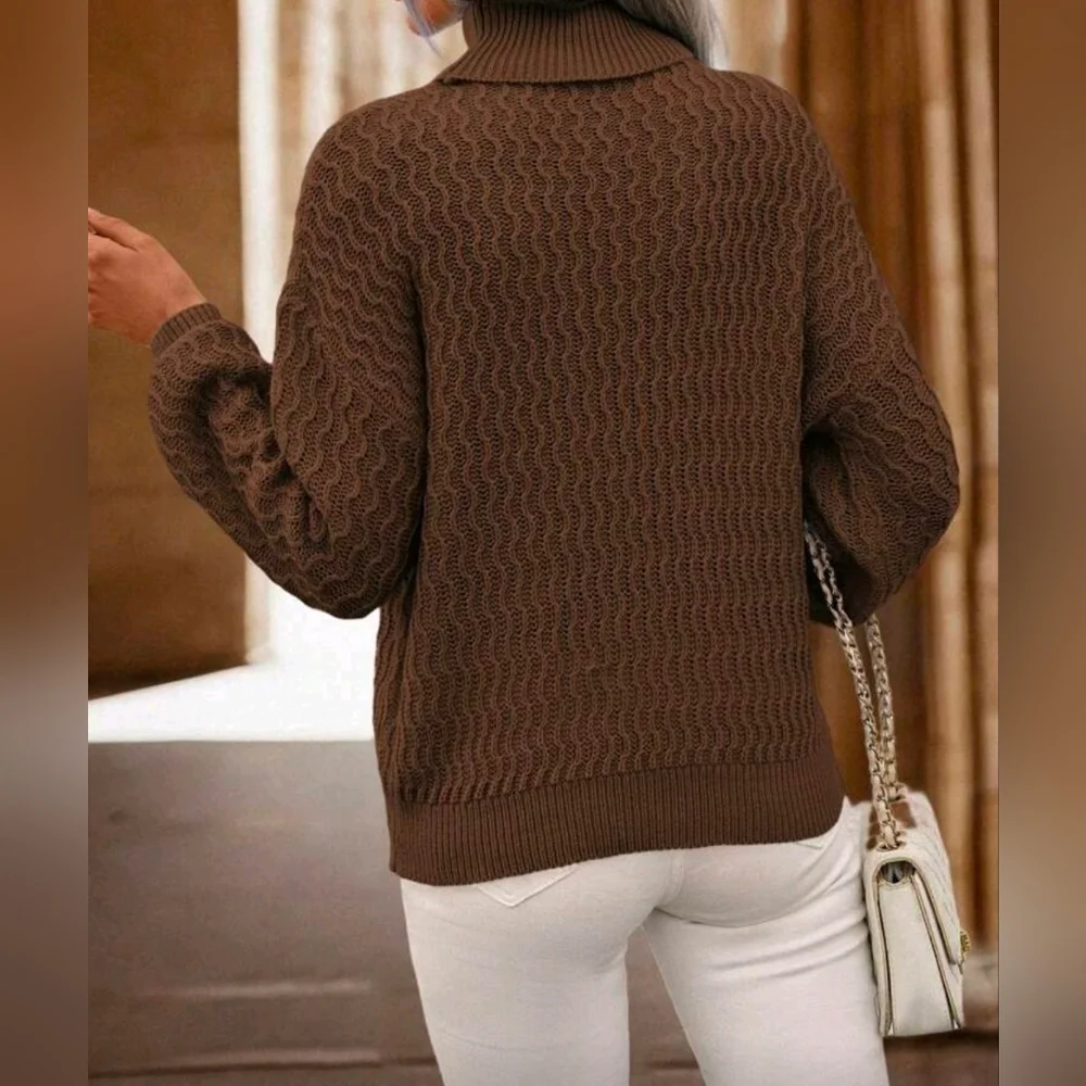 New Luxe Oversized Knit Turtleneck Sweater Top Deep Brown